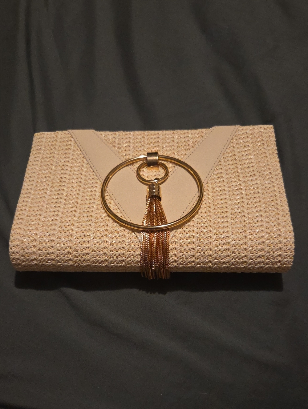Beige Woven Clutch with Gold Ring Tassel